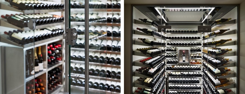Spiral Cellars wine room with glass doors and lights holding a wine collection