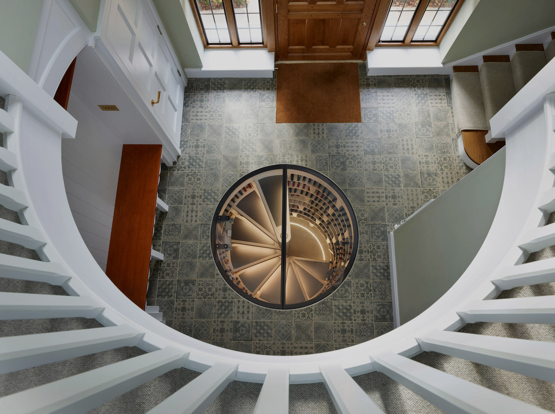 a top down view of a spiral cellar from the bannister