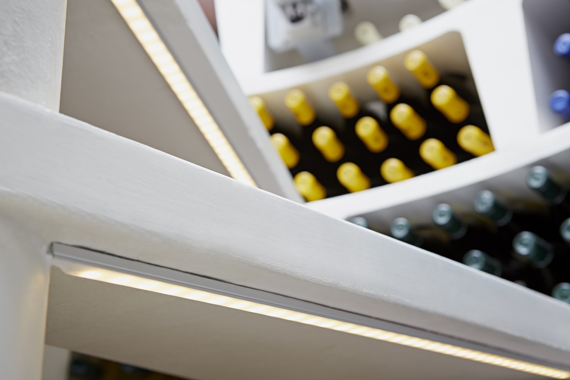 White Spiral Cellar, LED stair light close-up