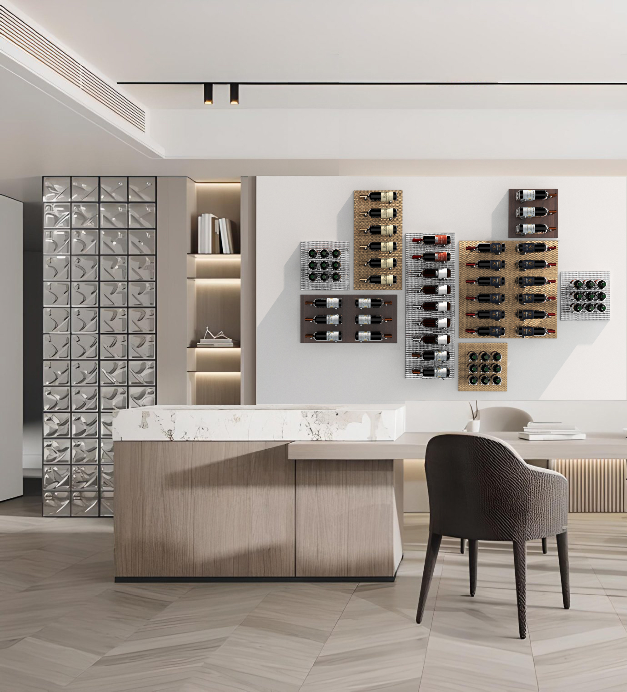 small scale wall mounted wine displays in a modern home office setting